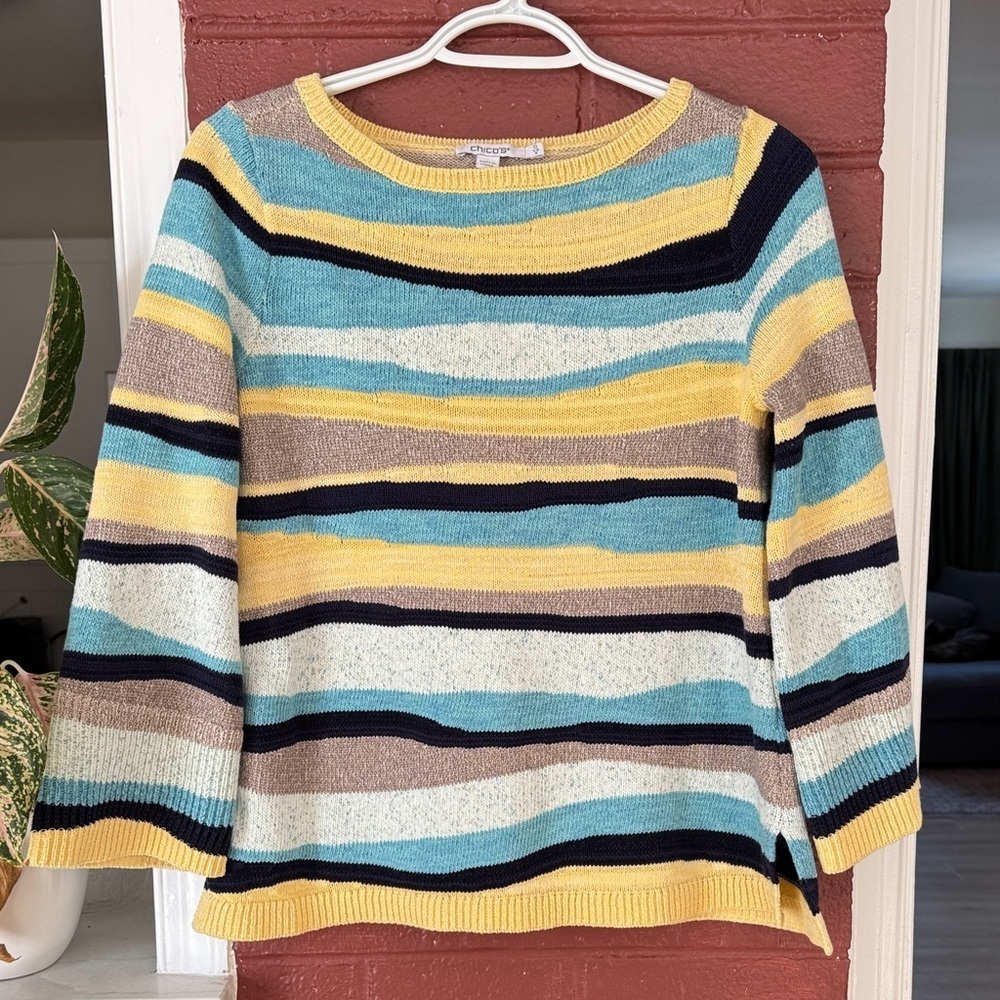 Chico's Vintage Multicolor Striped Crew Neck Sweater Small